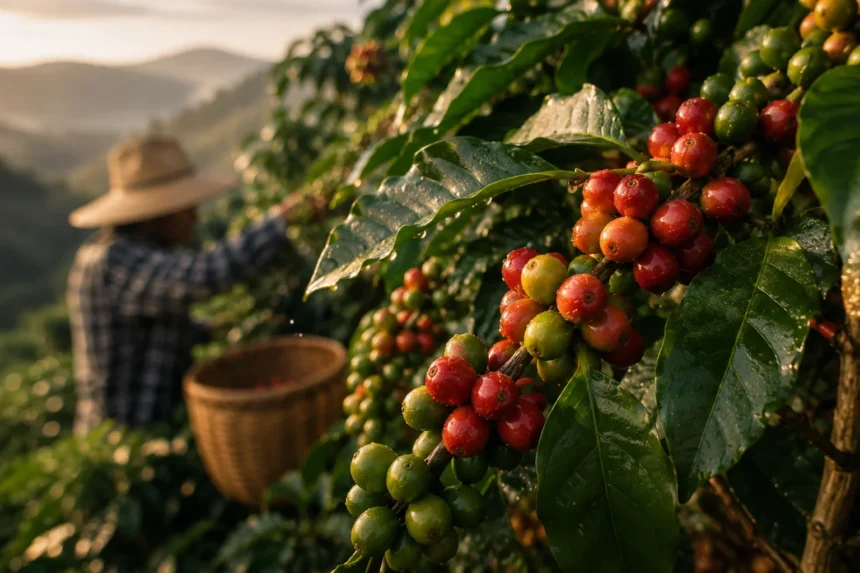 Фермер збирає врожай кавових зерен у горах.