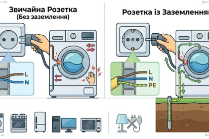 Порівняльна інфографіка: принцип роботи звичайної розетки та розетки із заземленням на прикладі підключення пральної машини. Схема показує відведення струму в землю через PE-провідник.