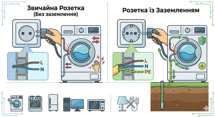 Порівняльна інфографіка: принцип роботи звичайної розетки та розетки із заземленням на прикладі підключення пральної машини. Схема показує відведення струму в землю через PE-провідник.