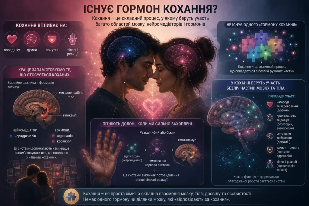 Інфографіка про гормони кохання, яка показує вплив кохання на мозок, нервову систему та тіло людини.