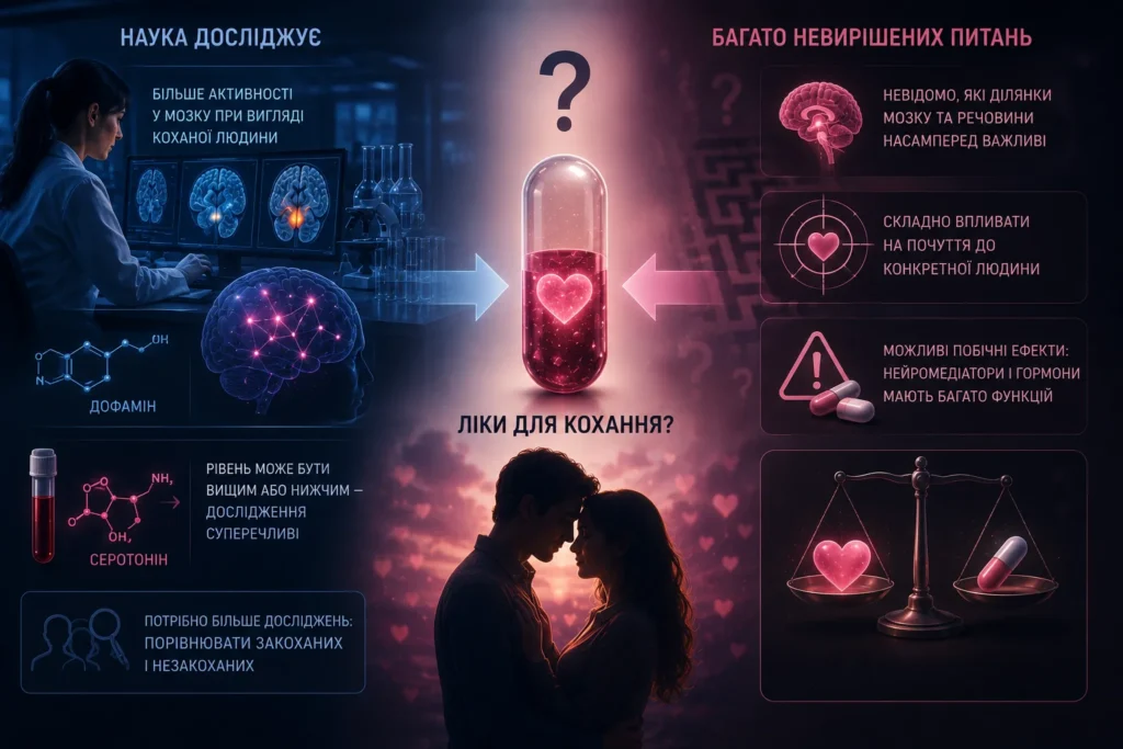 Інфографіка досліджує ідею створення "ліків для кохання", протиставляючи наукові дослідження та невирішені питання. Зліва показано, як наука досліджує мозок та хімічні речовини (дофамін, серотонін), пов'язані з любов'ю, і пропонує проводити більше досліджень. Праворуч перераховані невирішені питання, такі як складність впливу на конкретну людину та потенційні побічні ефекти. У центрі зображення пари, що символізує любов, і капсула із серцем усередині, що викликає питання "Ліки для кохання?".