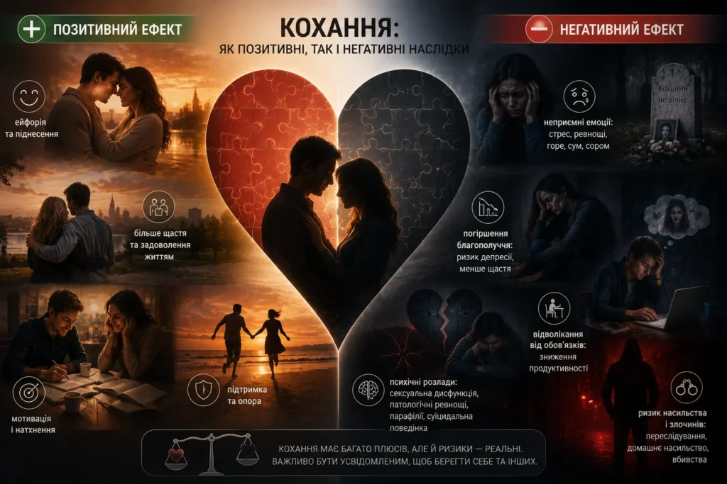 Позитивні та негативні наслідки кохання, демонстрація пари в різних ситуаціях, що символізують щастя, підтримку, мотивацію, а також стрес, депресію, втрати та насильство.
